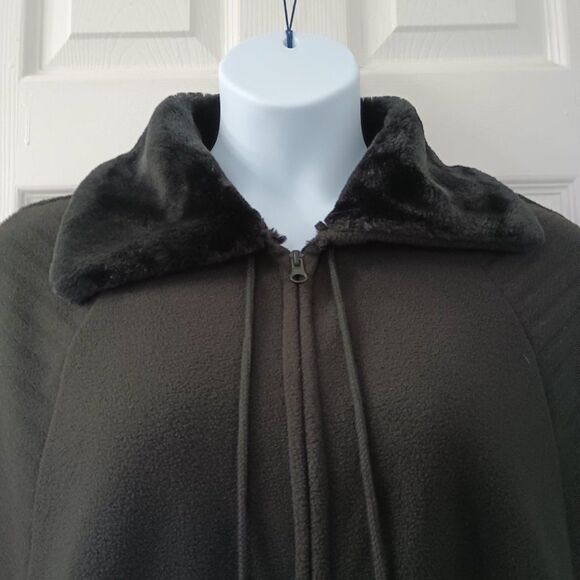 Black Le Moda Poncho Cape Coat with Faux Fur Collar and Pom Pom Ties Full Zip - Picture 7 of 7